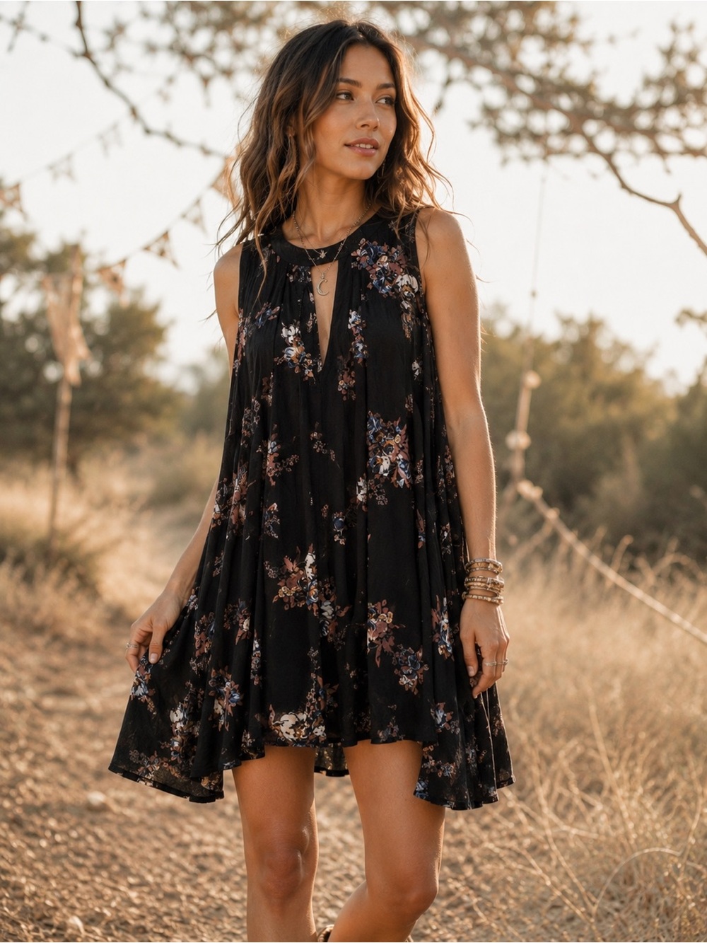 Free People | Tree Swing Black Floral Keyhole Tunic Mini Dress - Size Medium